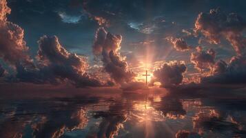 Serene sunset with cross silhouette and vibrant clouds over tranquil waters creating a peaceful atmosphere photo