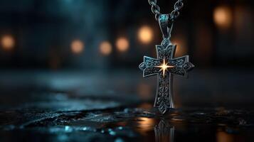 Silver cross pendant glimmers in dim light with intricate designs and a shining center in an atmospheric setting at night photo
