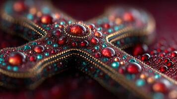 Intricate design of a cross adorned with colorful beads and droplets, showcasing artistic craftsmanship and vibrant detail photo