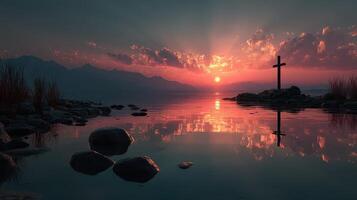 Sunset over a tranquil lake reflecting a cross on the shore beside distant mountains and wispy clouds photo