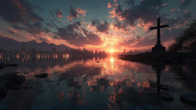 Sunset over city skyline with a cross silhouette by the water reflecting colorful clouds photo