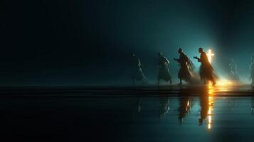 Figures running towards a glowing cross on a dark reflective surface at dusk photo