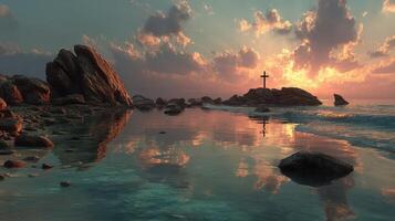 Serene sunset over rocky shore with cross silhouette reflecting on tranquil water photo