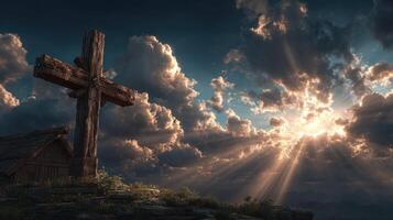 Sunrise illuminating wooden cross on hilltop with majestic clouds and rustic chapel at dawn photo