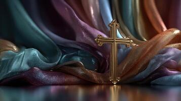 Golden cross resting on elegant fabric in soft lighting showcasing serene spirituality photo