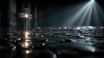 Cross illuminated in a dark environment with raindrops reflecting light in a serene atmosphere photo