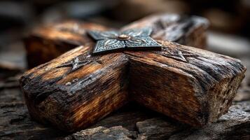 Intricate wooden cross with metallic details resting on weathered wood in a rustic setting photo