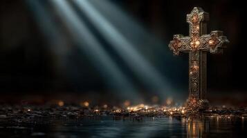 Cross shining in dim light with reflections on wet ground creating a serene atmosphere in a quiet space photo