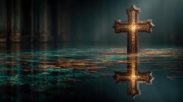 Illuminated cross rises from tranquil waters in a dimly lit sacred environment at dusk photo