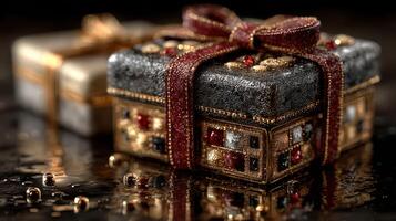 Decorative gift boxes with intricate designs and shiny wrapping under soft lighting, creating a festive atmosphere photo