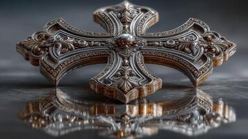 Ornate metal cross with intricate designs and reflective surface on display in a dimly lit ambiance photo