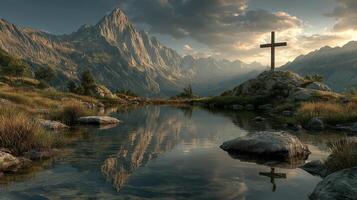 Mountain landscape with reflective lake and cross at sunrise in a serene natural setting photo