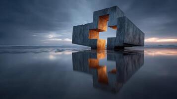 Modern sculpture reflects dramatic sunset on a tranquil beach in a coastal landscape photo