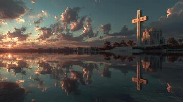 Stunning sunset reflects on calm water near an impressive cross in a serene landscape photo