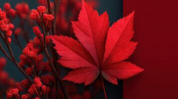 Vibrant red maple leaf against dark backdrop showcasing fall colors and natural beauty photo
