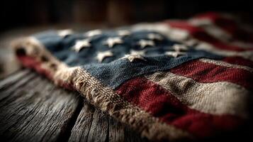 Worn fabric American flag resting on rustic wooden surface, capturing history and patriotism in a quiet moment photo