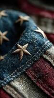 Close-up of detailed embroidery on a flag with stars and stripes displayed on fabric, emphasizing craftsmanship and textile textures photo