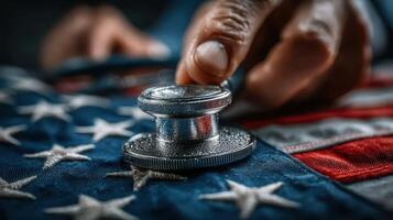 Hand placing a silver seal on a folded American flag during a ceremony honoring veterans in a solemn indoor setting photo