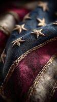 Close-up view of a weathered American flag showcasing its rich colors and intricate stitching details photo