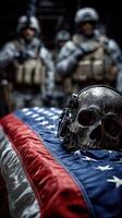 Memorial tribute with a skull resting on a flag during a military ceremony in a somber setting photo