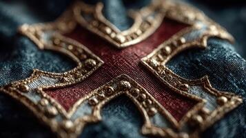 Detailed close-up of a decorative cross emblem on fabric showcasing intricate design and texture photo