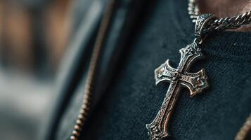 Silver cross pendant hanging on a black shirt worn by a person in an urban setting during the afternoon photo