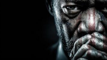 Focused expression of a man lost in thought against a dark background photo