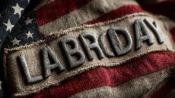 Labor Day celebration on American flag fabric with textured lettering and symbolic colors photo