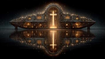Illuminated structure floating on calm water at night, featuring a large cross and reflections of intricate architecture photo