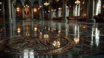 Intricate stained glass windows reflect light in an ornate cathedral with polished marble floors photo