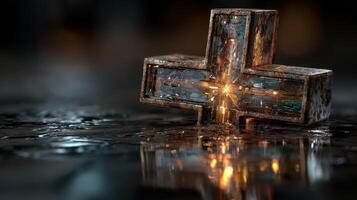 Reflective metal cross illuminated in low light setting with shimmering water background at nighttime photo