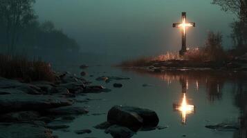 Misty waterside cross illuminated by soft light in early morning hours photo