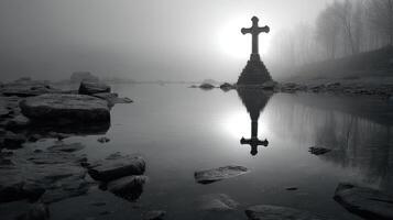 Misty landscape featuring a stone cross by a quiet riverbank at dawn photo