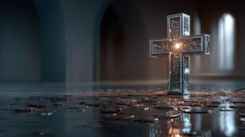 Silver cross illuminated by soft light in a serene, reflective space photo