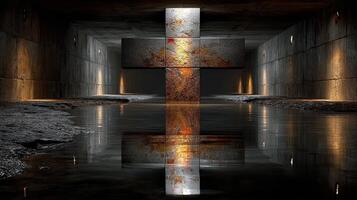 Unique interior view of a dark corridor featuring a large metal cross reflected in still water photo