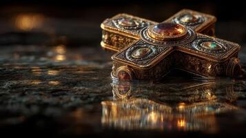 Ornate golden cross with gemstones resting on dark reflective surface in dim lighting photo