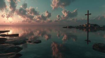 Serene sunset over calm waters featuring a cross on the rocks by the shore photo