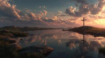 Sunset over a tranquil lake with a cross in the distance surrounded by rocky terrain and lush grass photo