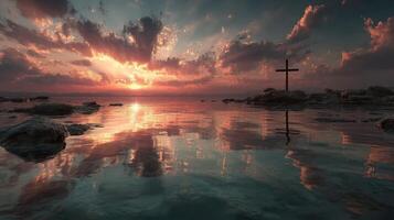 Sunset over calm waters with a cross reflected in the serene landscape in a tranquil coastal setting photo
