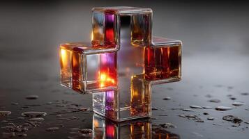 Colorful glass cross illuminated by reflected light on a wet surface in an artistic display photo