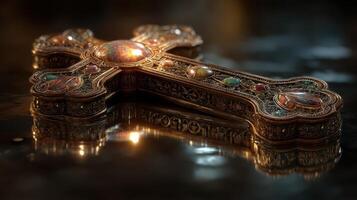 Intricately designed cross with gemstones displayed on a reflective surface in a softly lit room photo