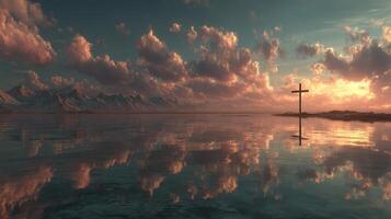 Sunset over calm waters with cross reflection and mountains in the background photo