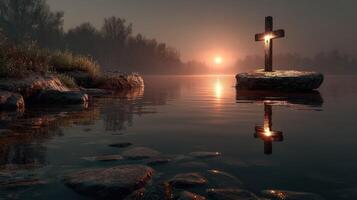 Sunrise over still water with a cross on a rock in the foreground and a serene landscape photo