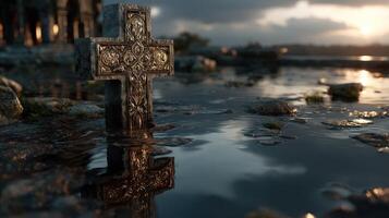 Intricate stone cross emerging from water at sunset near ancient ruins in a serene landscape photo