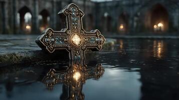 Intricate cross rests beside tranquil water in an ancient stone courtyard at dusk photo