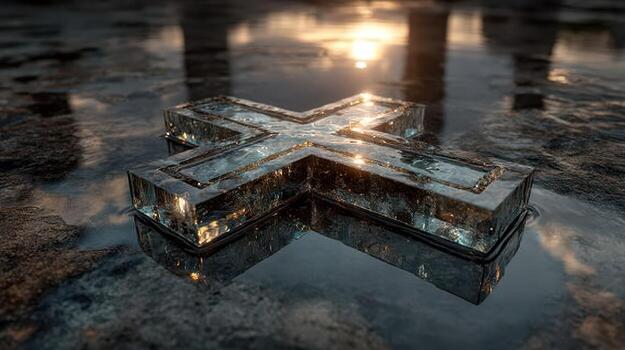 Reflections of a crystal cross in a serene puddle during sunset photo