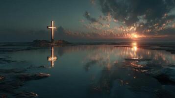 Stunning sunset reflection over water with illuminated cross at serene coastal location photo