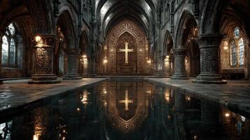 Ancient cathedral interior with detailed stone carvings and reflective water pool at dusk photo