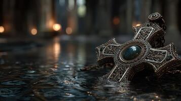 Antique ornate cross resting on reflective water surface in a dimly lit ancient temple photo