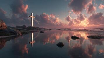 Reflections of faith at sunset by the shoreline with a cross standing tall among the rocks photo